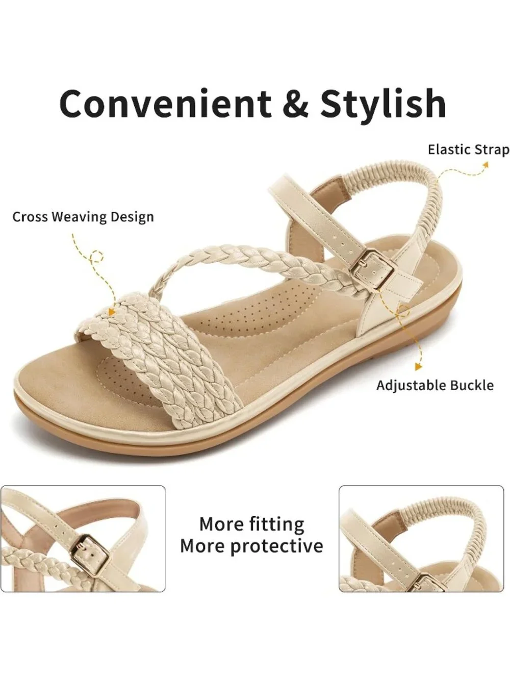 Women's Apricot Summer Comfortable Strappy Flats Casual Walking Beach Sandals